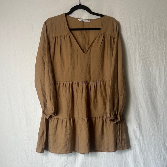 Zara Dresses & Skirts - Zara Camel Brown Tiered V-Neck Tunic Dress